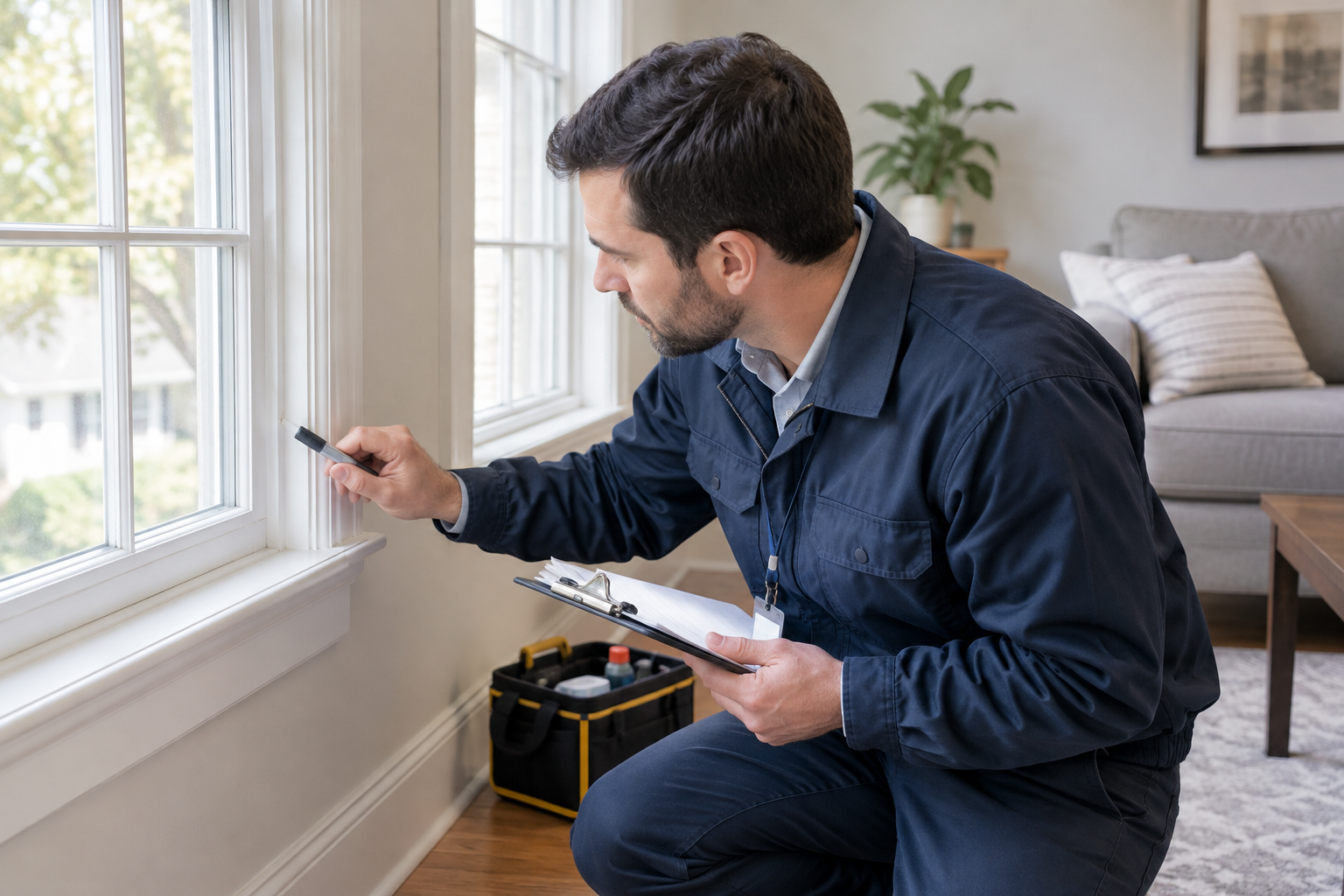 Professional working on an inspection of a home for lead dust and lead paint hazards